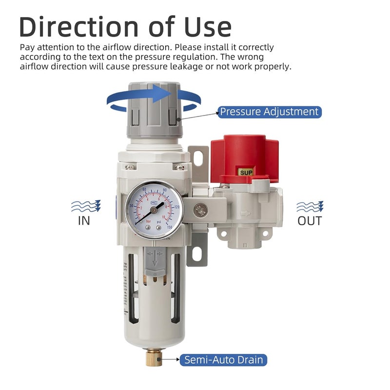 LNCHKA Industrial Air Compressor Filter Regulator Combo 3/8" NPT 0-150 PSI Gauge,Semi-Auto Drain,Pressure relief 3 port valve,5 Micron Water Separator for Pneumatic Tools - Image 5